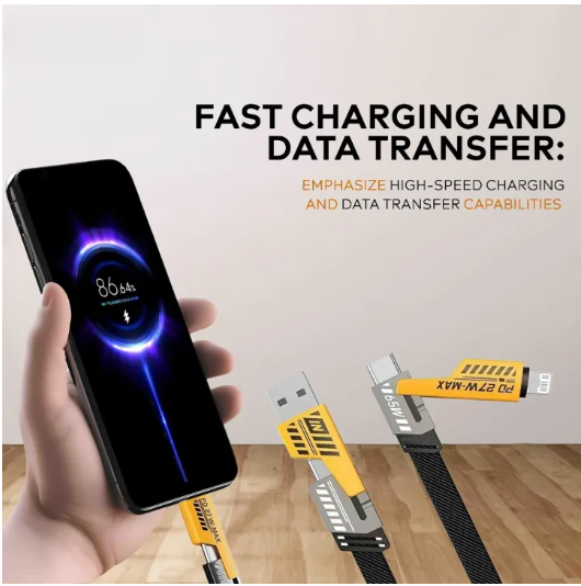 4 In 1 Data Cable Pack Of 2 – USB-C & Lightning Connectors, Braided Durable Design, Fast Charging
